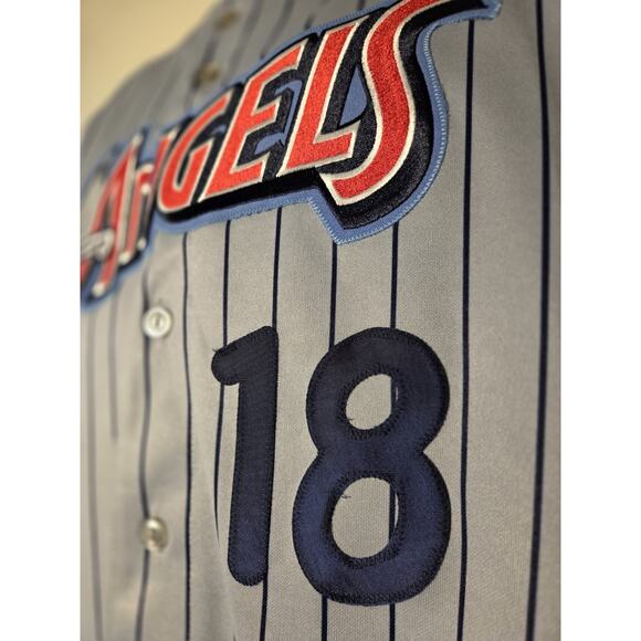 Anaheim Angels Jersey Mens XL MLB Majestic Pinstripe Vtg 90s #18 J Duffy USA - Picture 11 of 11